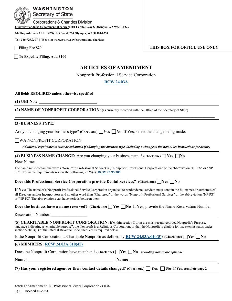 Articles of Amendment - Nonprofit Professional Service Corporation - Washington, Page 4