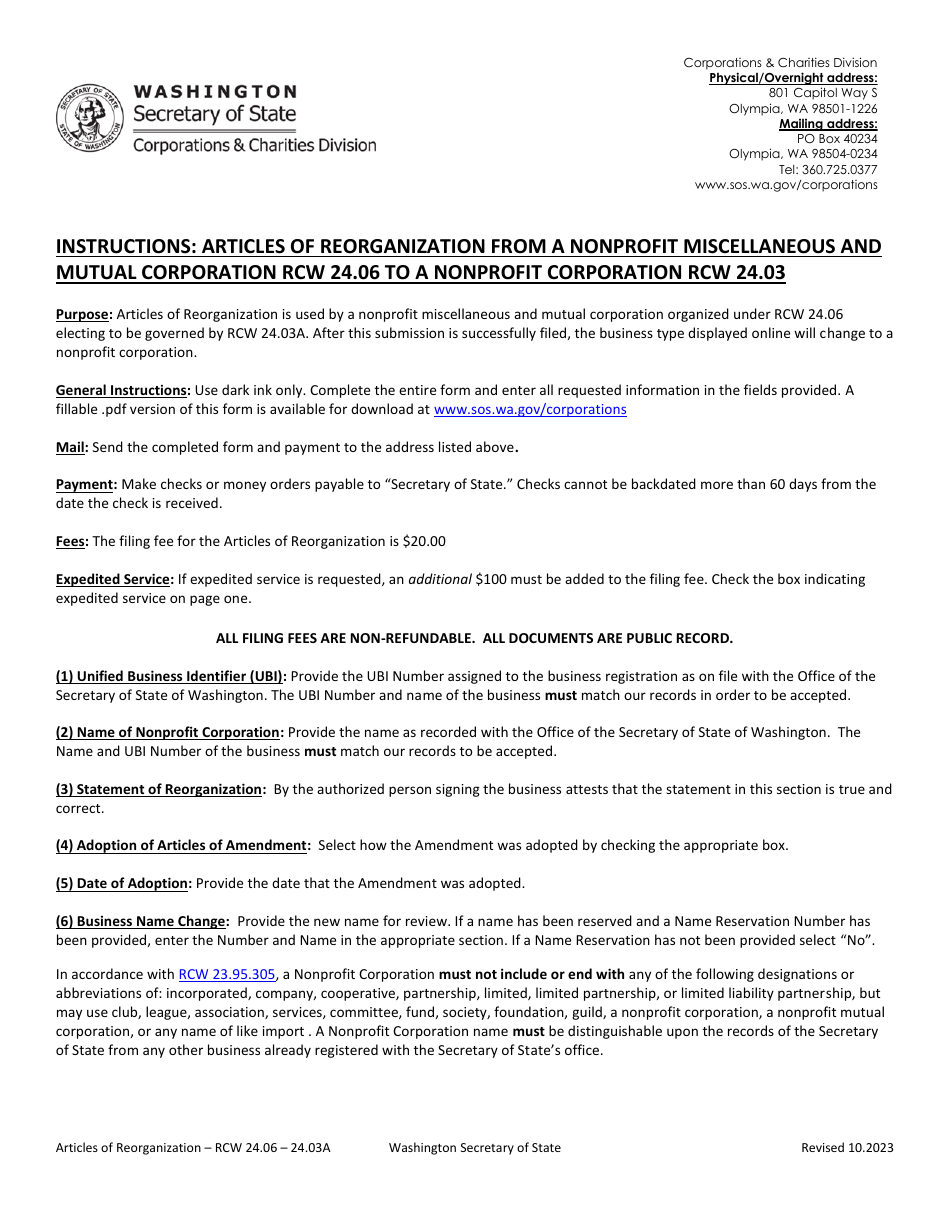 Washington Articles of Nonprofit Miscellaneous and