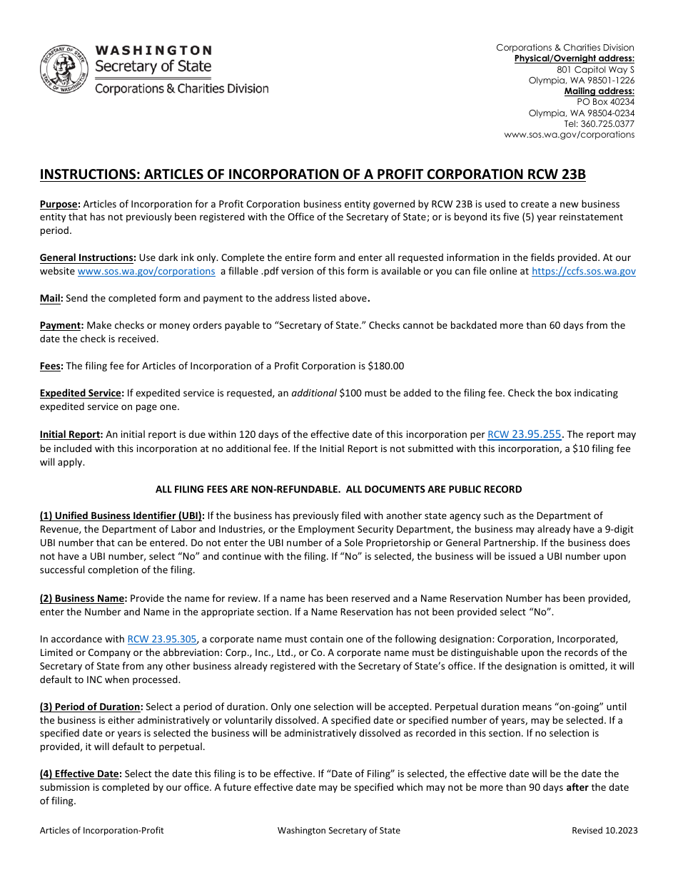 Washington Articles of Incorporation Profit Corporation Fill Out