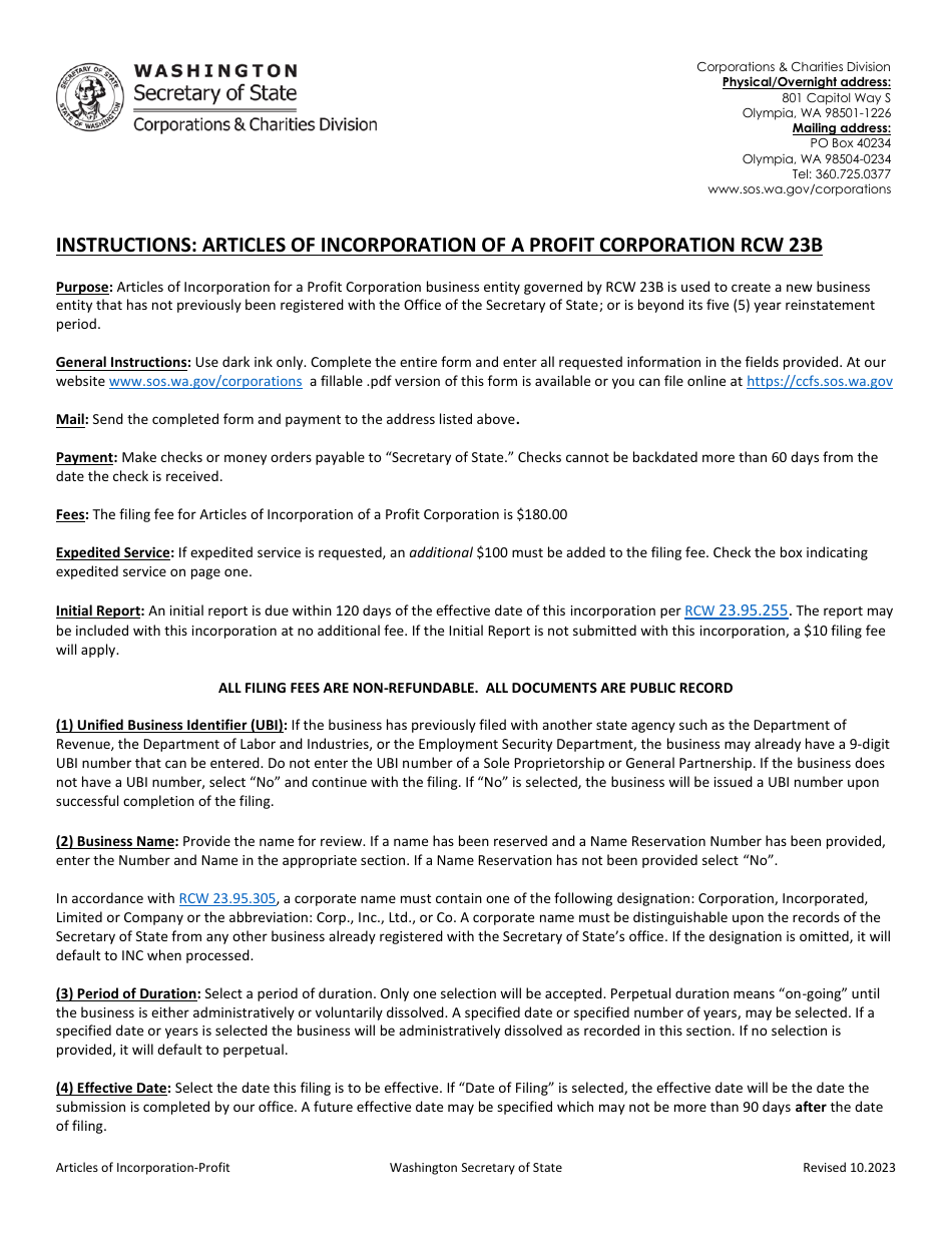 Articles of Incorporation - Profit Corporation - Washington, Page 1