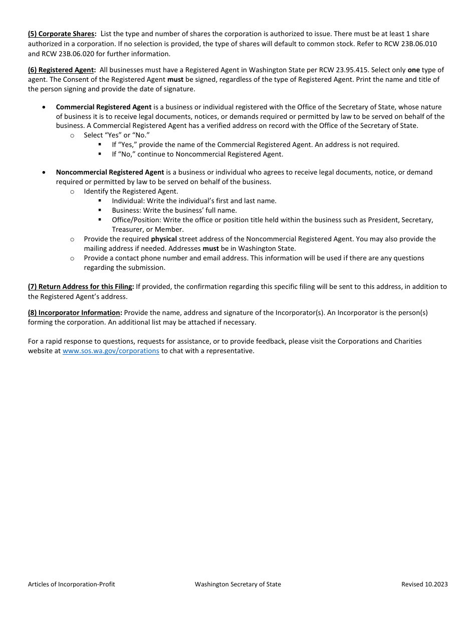 Articles of Incorporation - Profit Corporation - Washington, Page 2