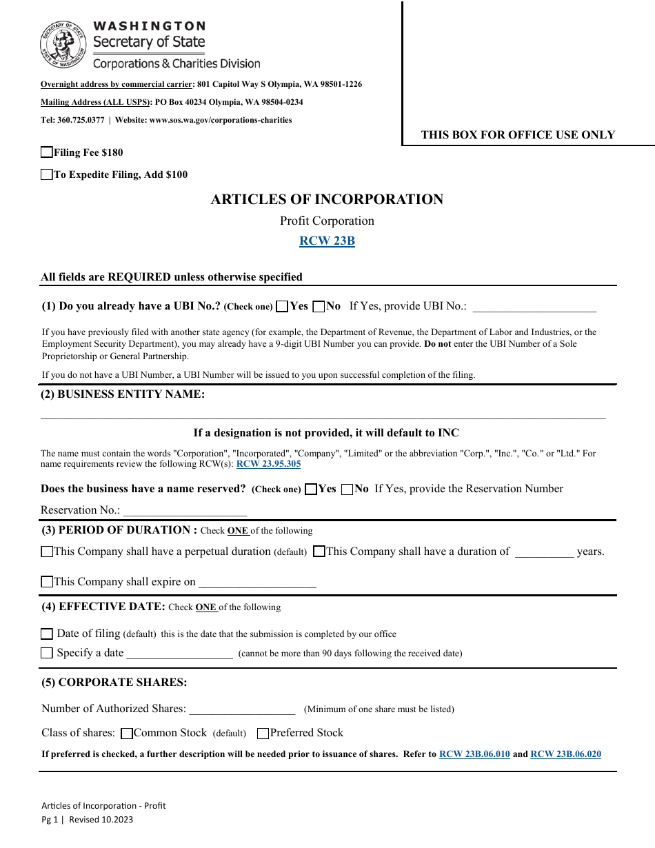 Articles of Incorporation - Profit Corporation - Washington, Page 3