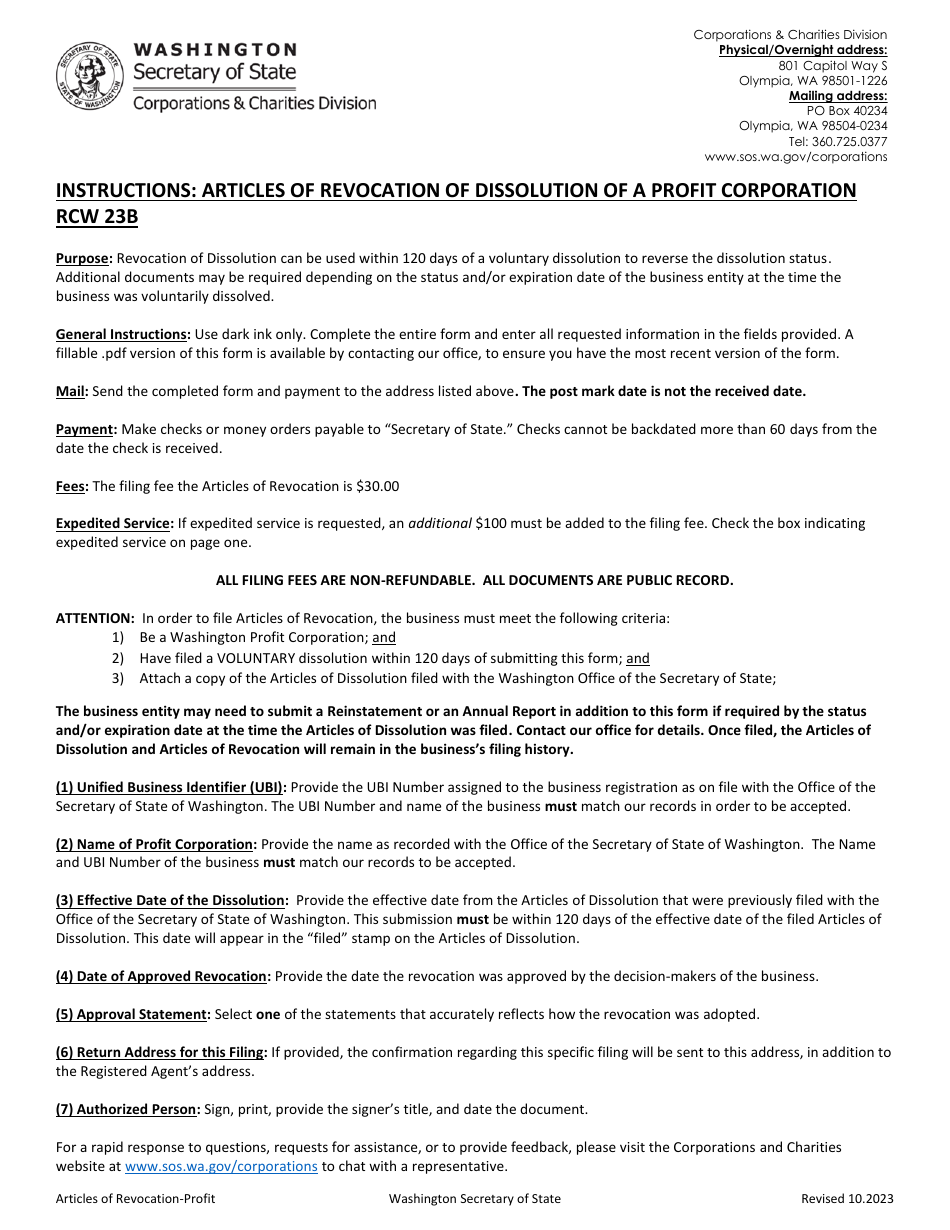 Articles of Revocation of Dissolution - Profit Corporation / Profit Professional Service Corporation / Social Purpose Corporation - Washington, Page 1