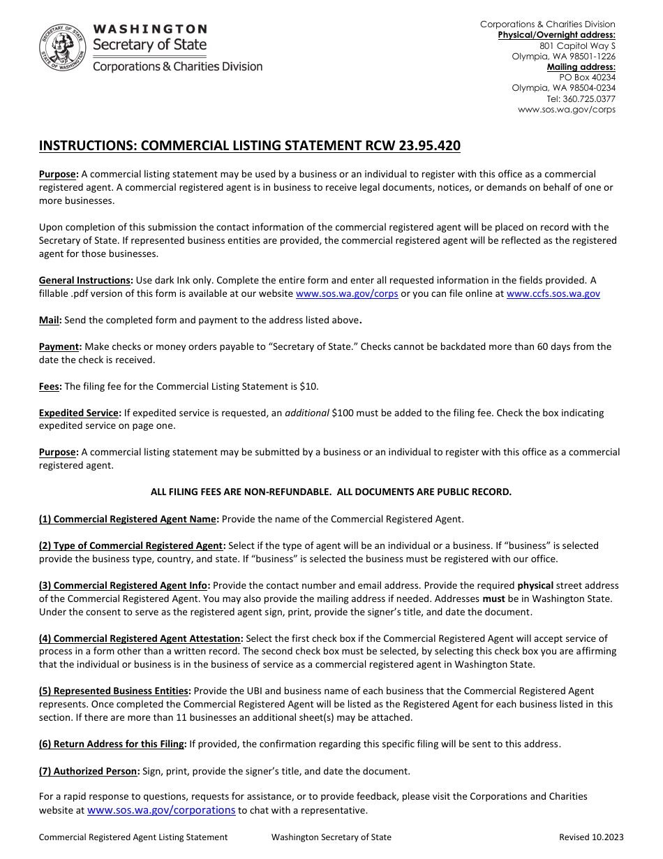 Commercial Registered Agent Listing Statement - Washington, Page 1