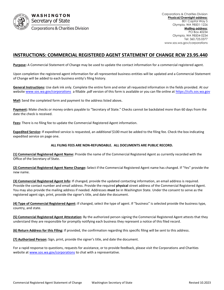 Commercial Registered Agent Statement of Change - Washington, Page 1
