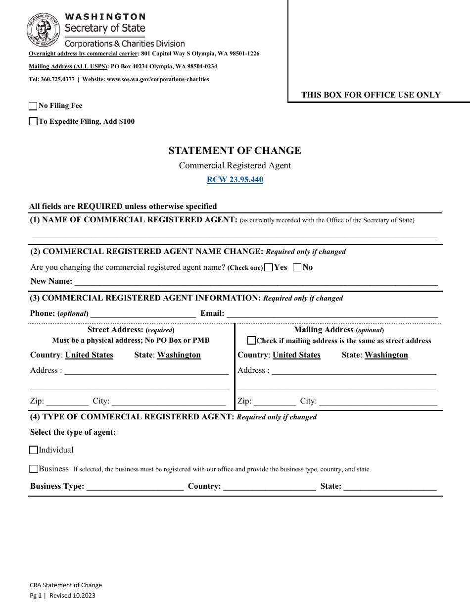 Commercial Registered Agent Statement of Change - Washington, Page 2