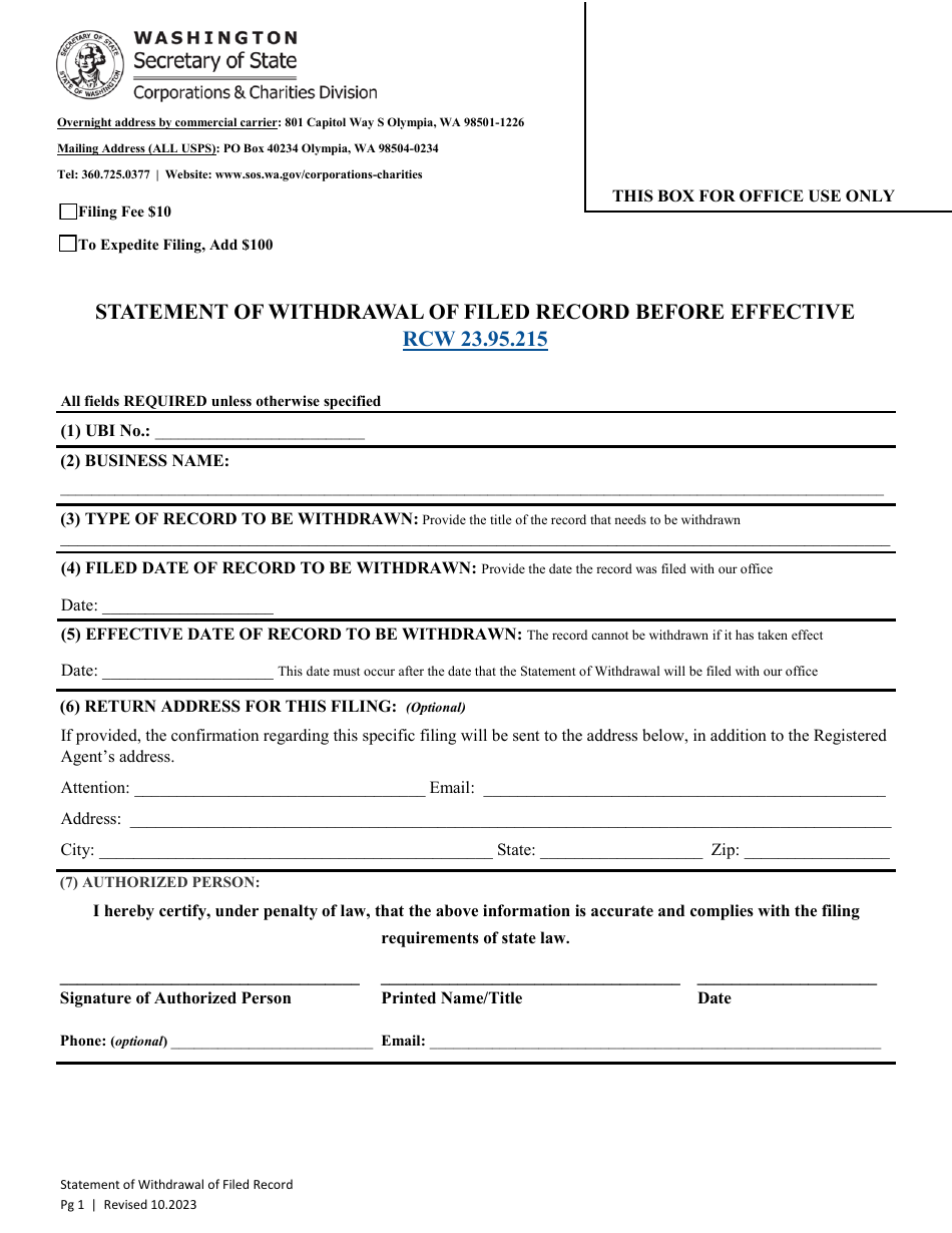 Statement of Withdrawal of Filed Record Before Effective - Washington, Page 2