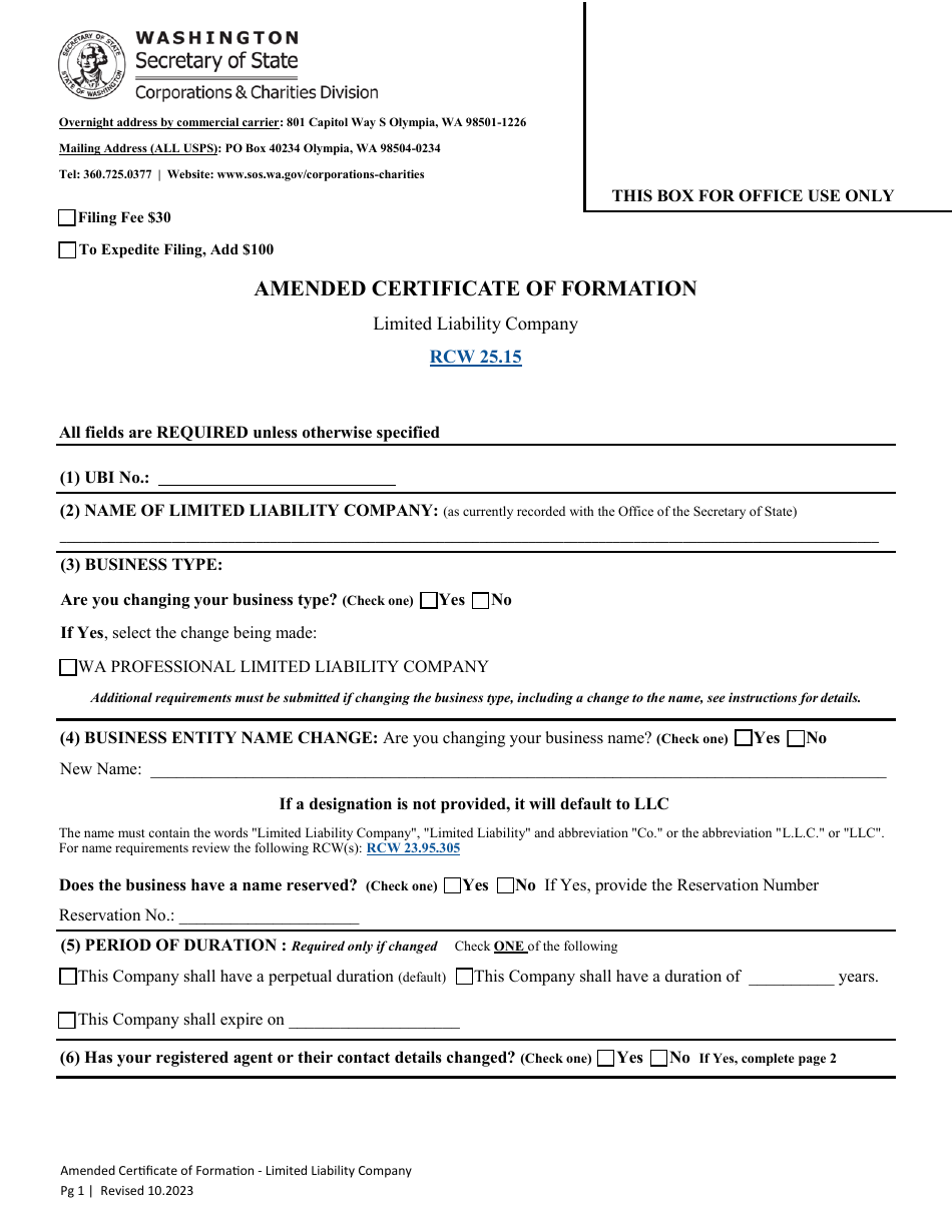 Amended Certificate of Formation - Limited Liability Company - Washington, Page 3
