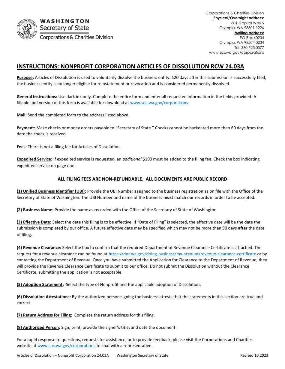 Washington Articles of Dissolution Nonprofit Corporation/Nonprofit