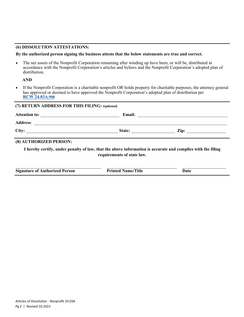 Articles of Dissolution - Nonprofit Corporation / Nonprofit Professional Service Corporation - Washington, Page 3