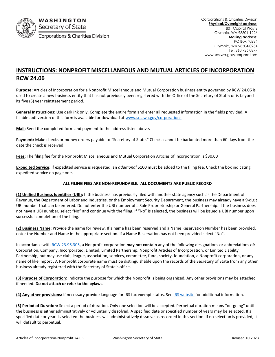 Washington Articles of Incorporation Nonprofit Miscellaneous and