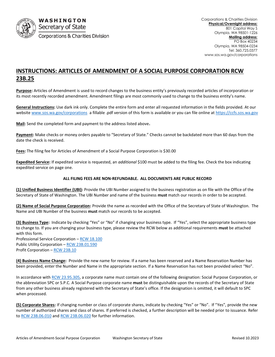 Articles of Amendment - Social Purpose Corporation - Washington, Page 1