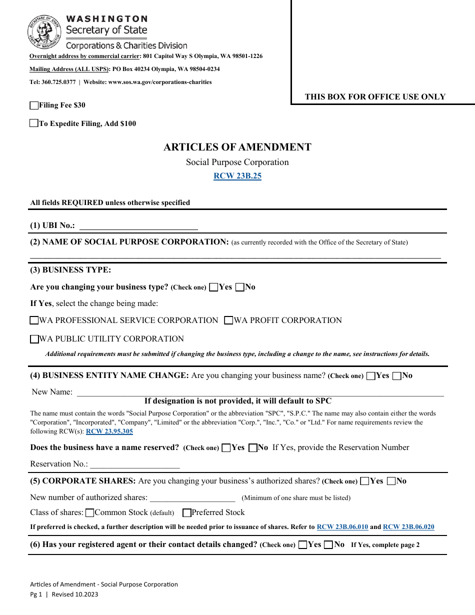 Articles of Amendment - Social Purpose Corporation - Washington, Page 3