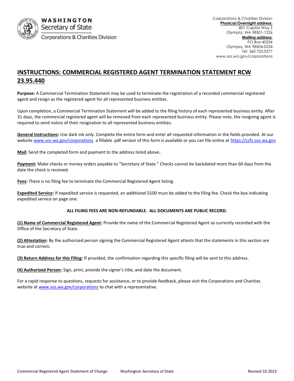 Commercial Registered Agent Termination Statement - Washington, Page 1