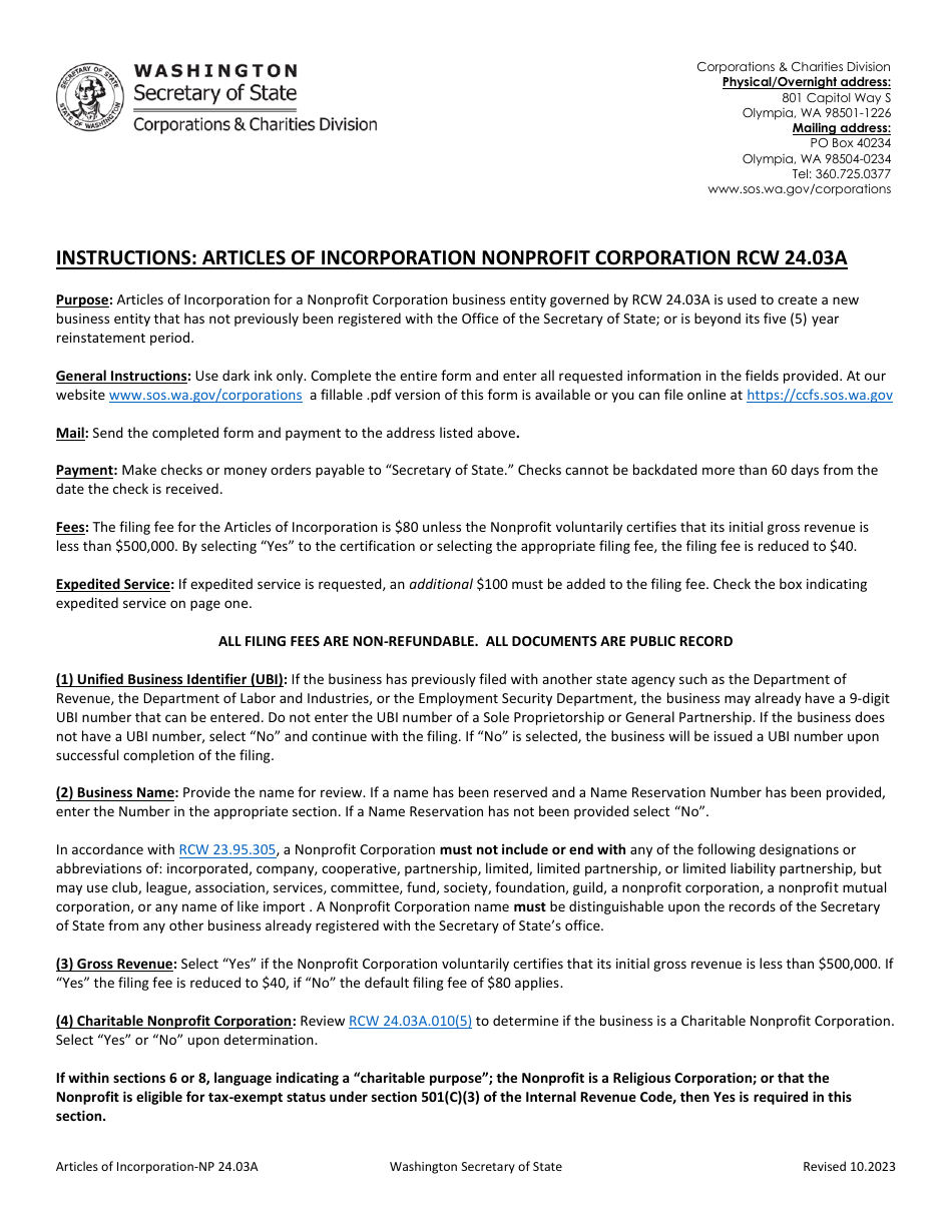 Washington Articles of Incorporation Nonprofit Corporation Fill Out
