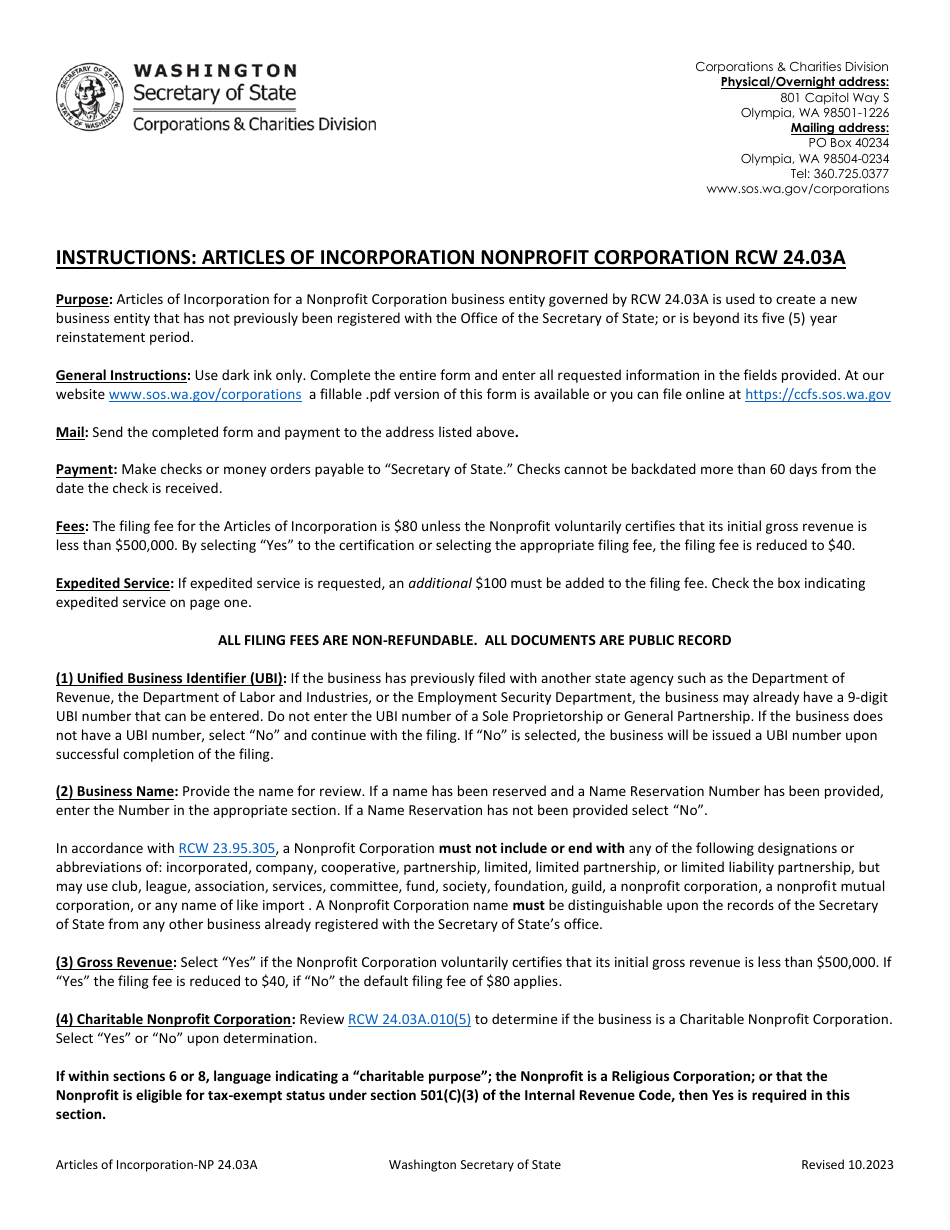 Articles of Incorporation - Nonprofit Corporation - Washington, Page 1