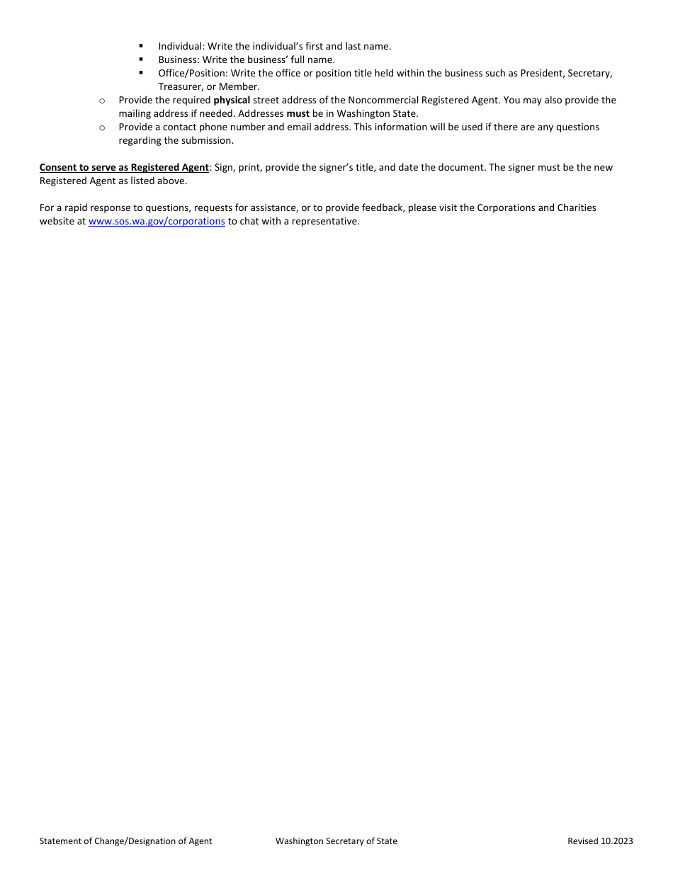 Statement of Change / Designation of Registered Agent - Washington, Page 2