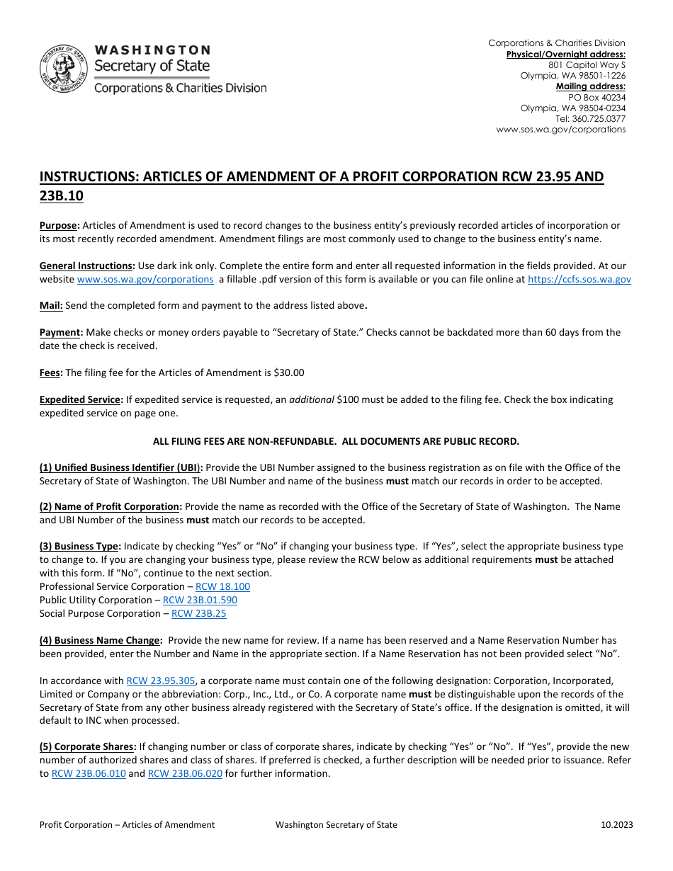 Articles of Amendment - Profit Corporation - Washington, Page 1
