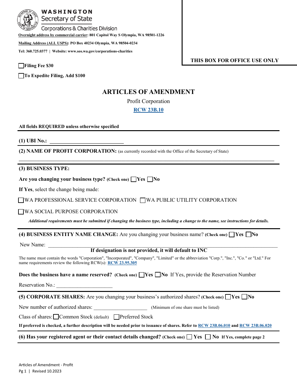 Articles of Amendment - Profit Corporation - Washington, Page 3