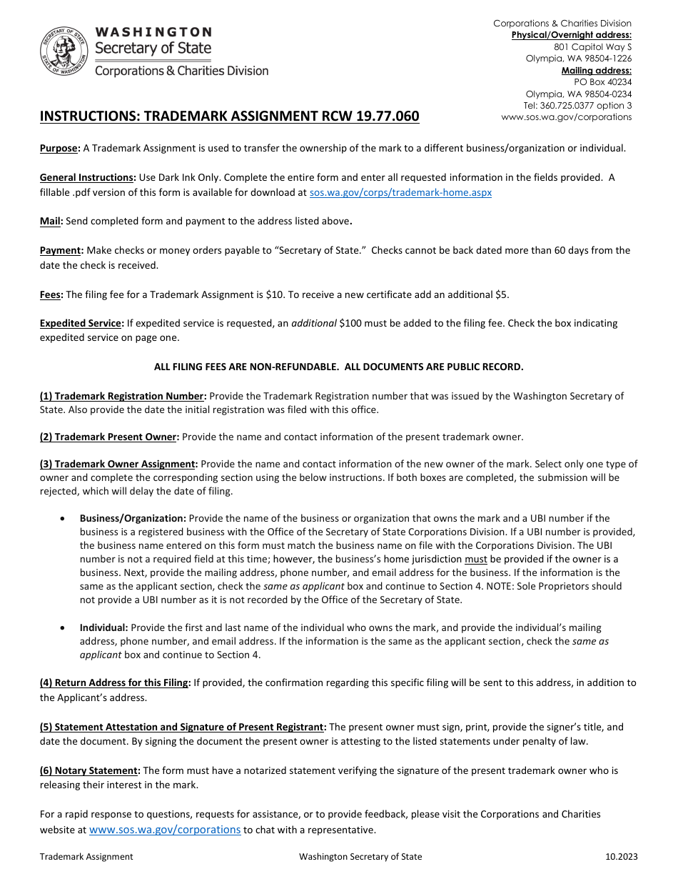Trademark Assignment - Washington, Page 1