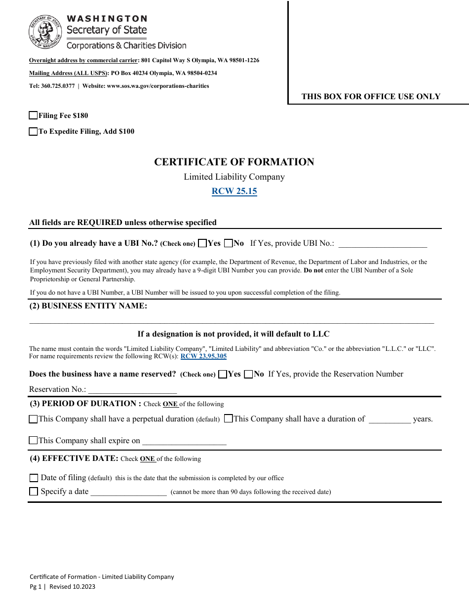 Certificate of Formation - Limited Liability Company - Washington, Page 3