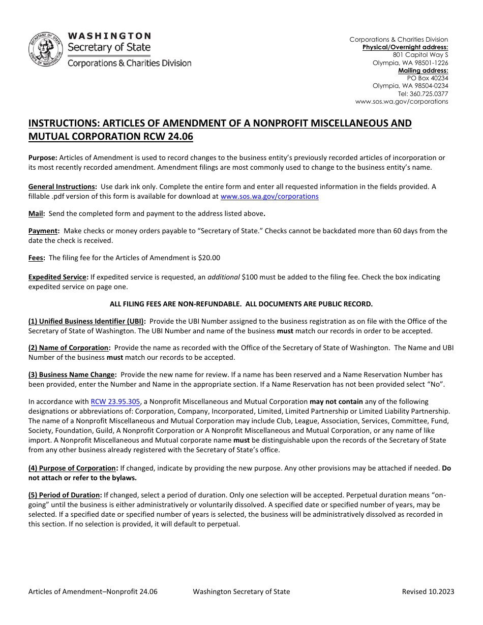 Articles of Amendment - Nonprofit Miscellaneous and Mutual Corporation - Washington, Page 1