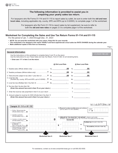 Form 01-790 Worksheet for Completing the Sales and Use Tax Return Forms 01-114, 01-115 and 01-116 - Texas, 2023