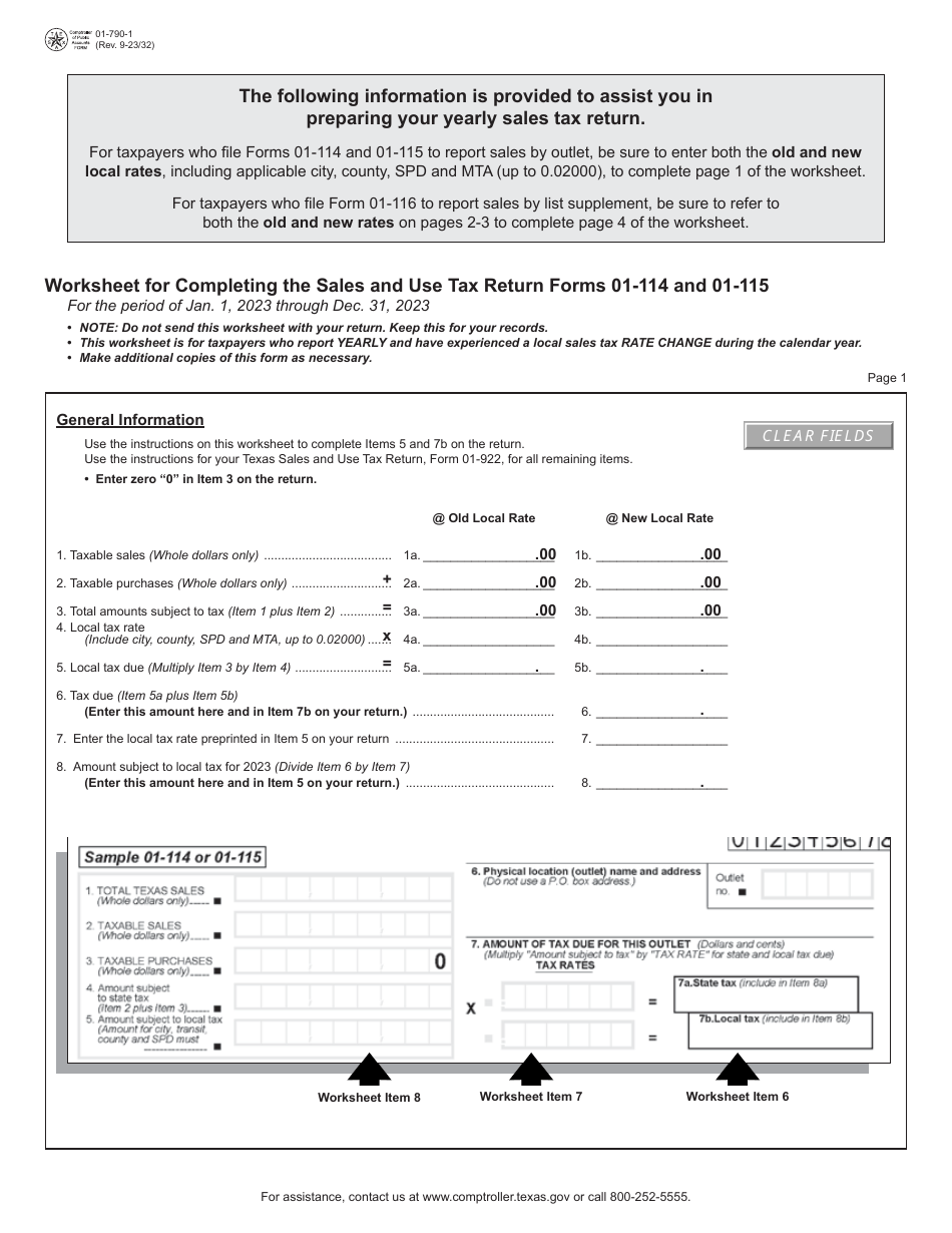 Form 01-790 Worksheet for Completing the Sales and Use Tax Return Forms 01-114, 01-115 and 01-116 - Texas, Page 1