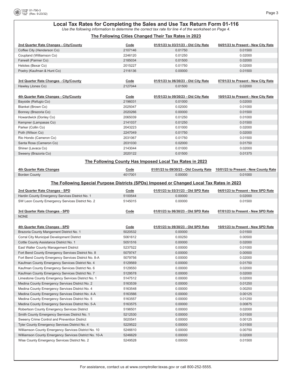 Form 01-790 Worksheet for Completing the Sales and Use Tax Return Forms 01-114, 01-115 and 01-116 - Texas, Page 3