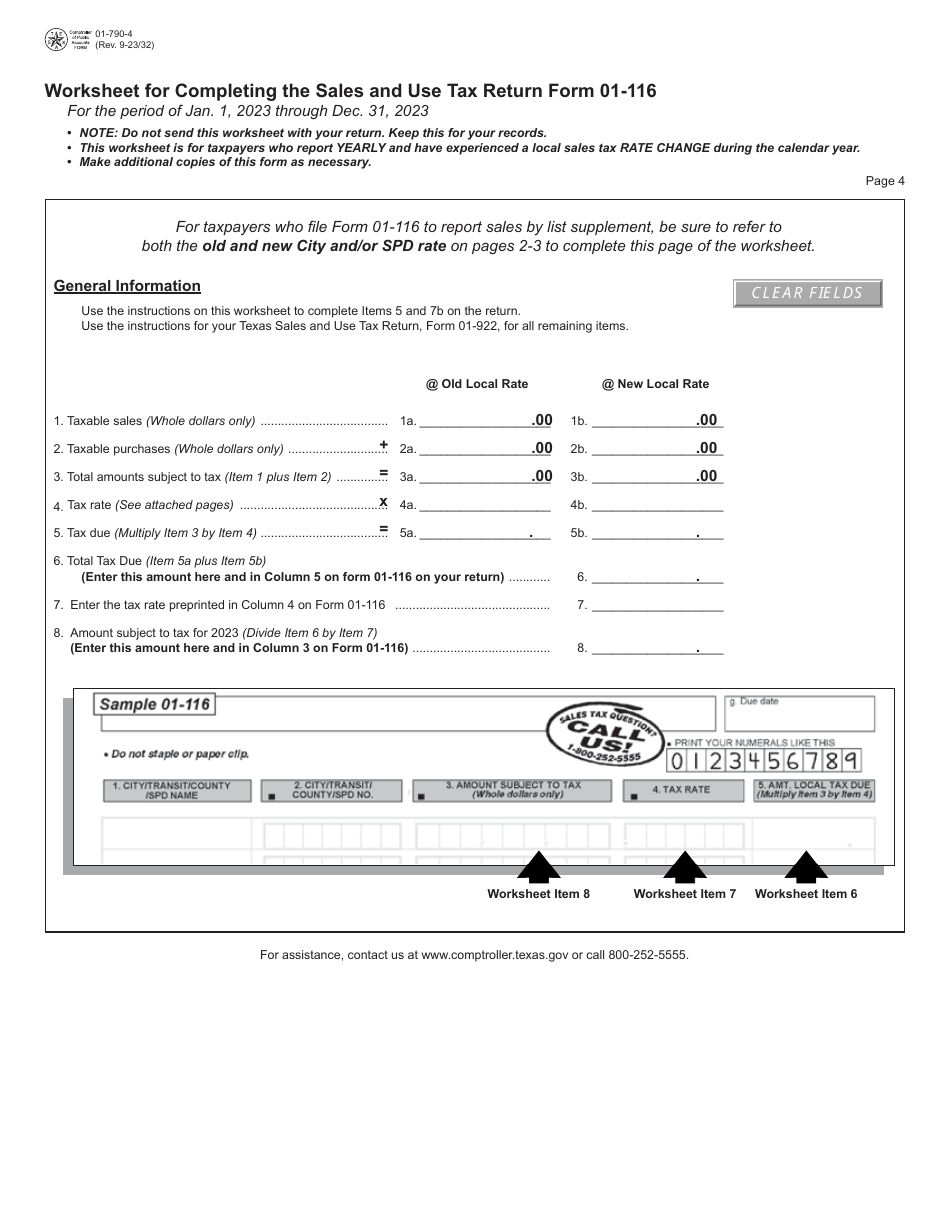 Form 01-790 Worksheet for Completing the Sales and Use Tax Return Forms 01-114, 01-115 and 01-116 - Texas, Page 4