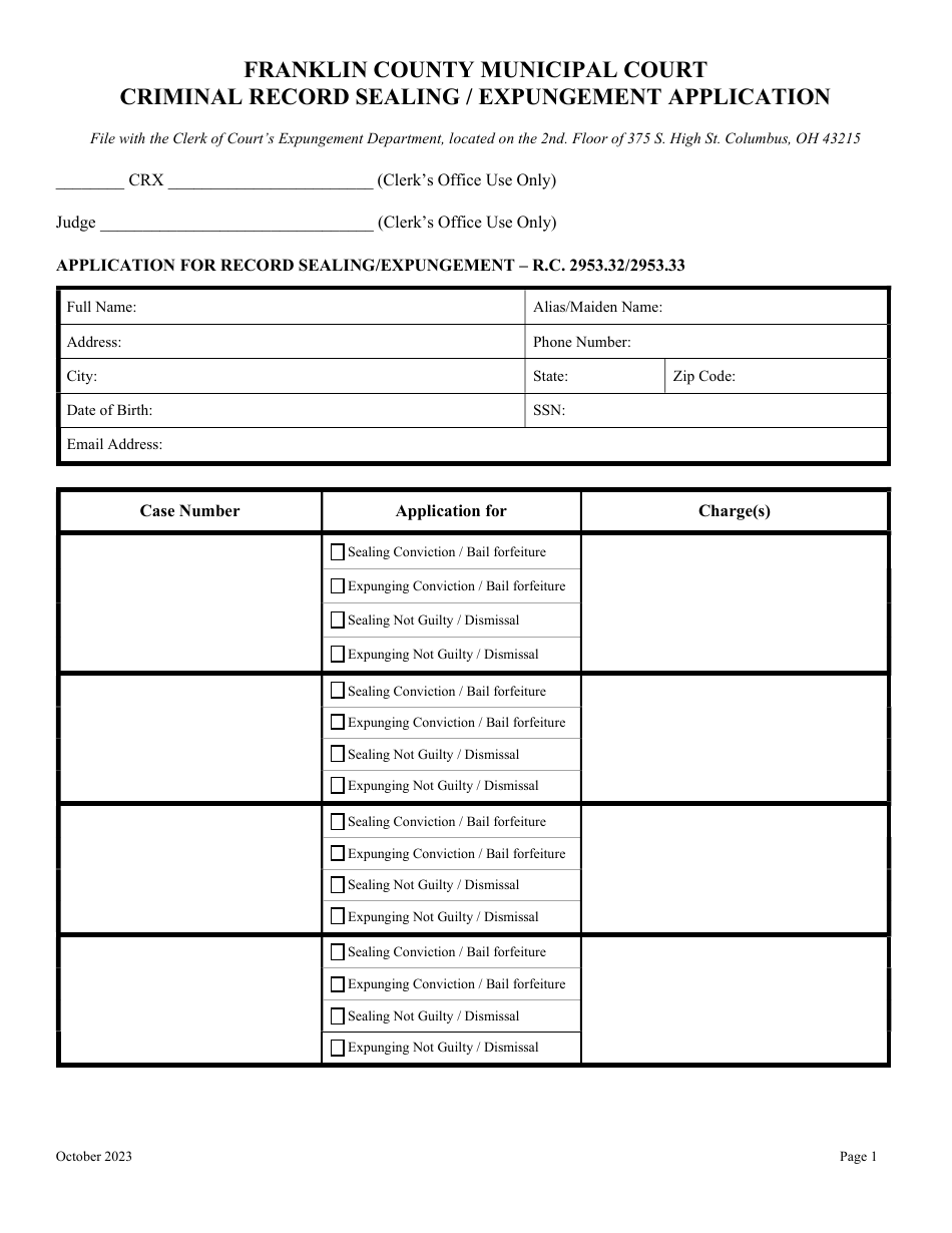 Criminal Record Sealing / Expungement Application - Franklin County, Ohio, Page 1