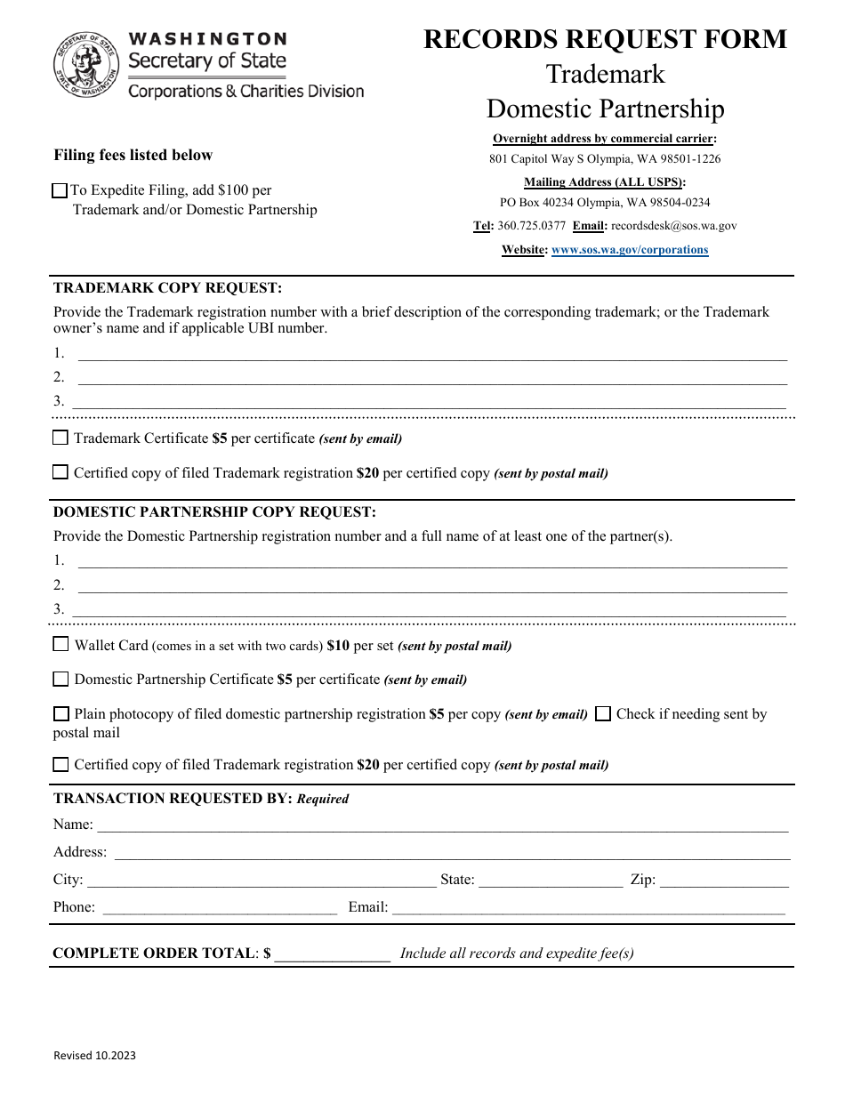 Records Request Form - Trademark / Domestic Partnership - Washington, Page 1