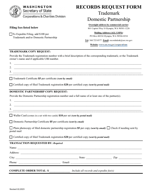 Records Request Form - Trademark / Domestic Partnership - Washington Download Pdf