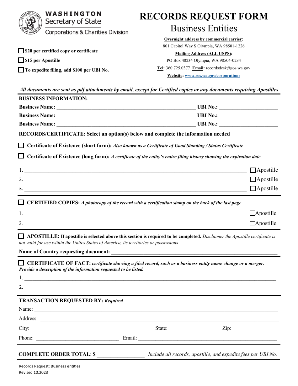Records Request Form - Business Entities - Washington, Page 1