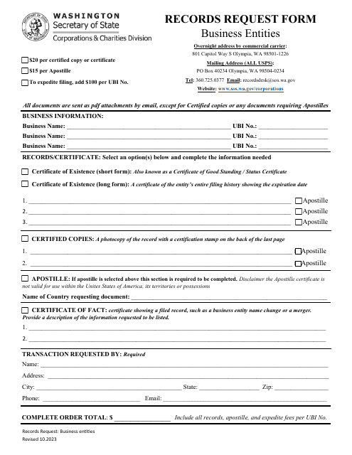 Records Request Form - Business Entities - Washington