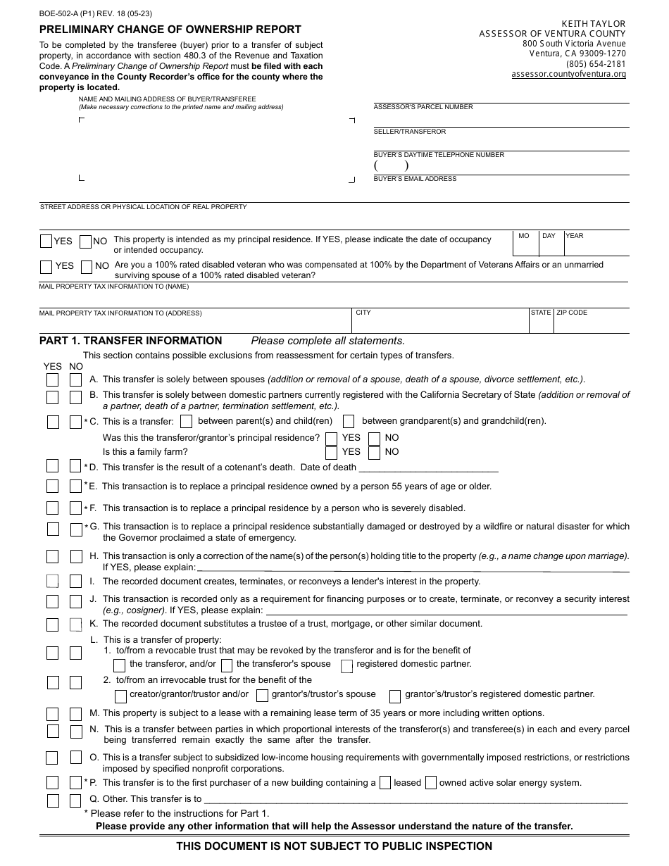 Form BOE-502-A Preliminary Change of Ownership Report - County of Ventura, California, Page 1