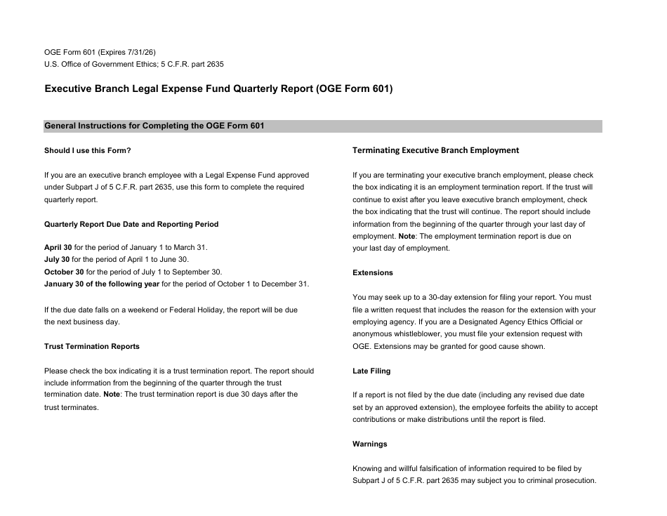 OGE Form 601 Executive Branch Legal Expense Fund Quarterly Report, Page 1