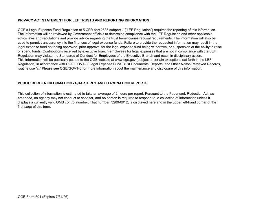 OGE Form 601 Executive Branch Legal Expense Fund Quarterly Report, Page 3