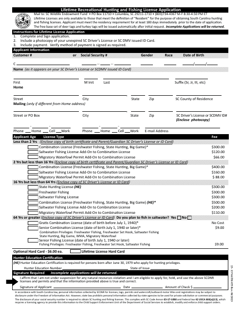 Form FM-075 (23- 13744) Lifetime Recreational Hunting and Fishing License Application - South Carolina