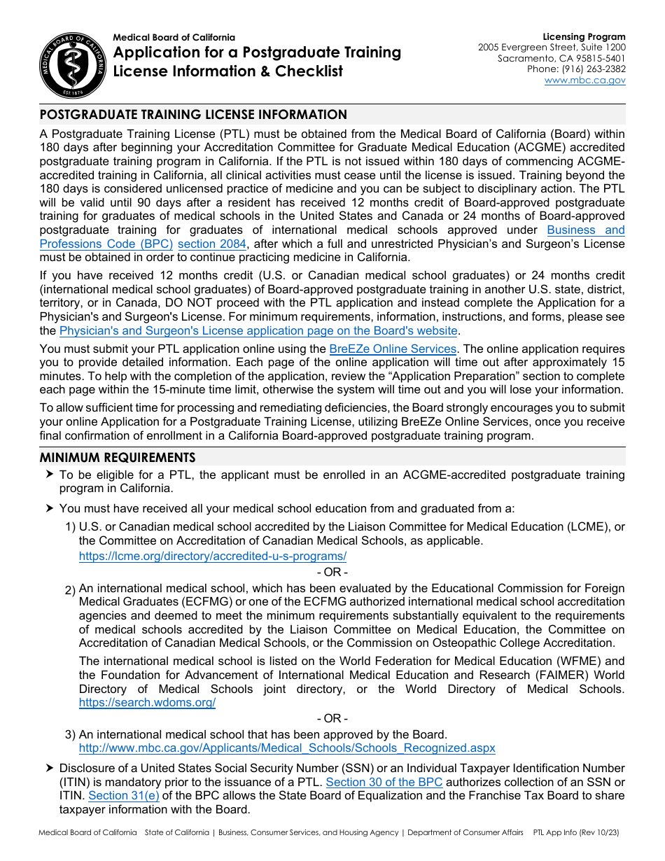 California Application for a Postgraduate Training License Information