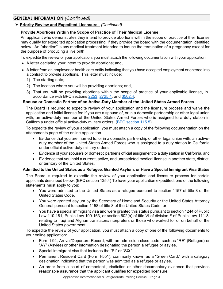 Application for a Postgraduate Training License Information  Checklist - California, Page 3