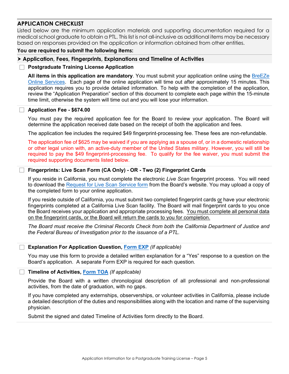 Application for a Postgraduate Training License Information  Checklist - California, Page 5