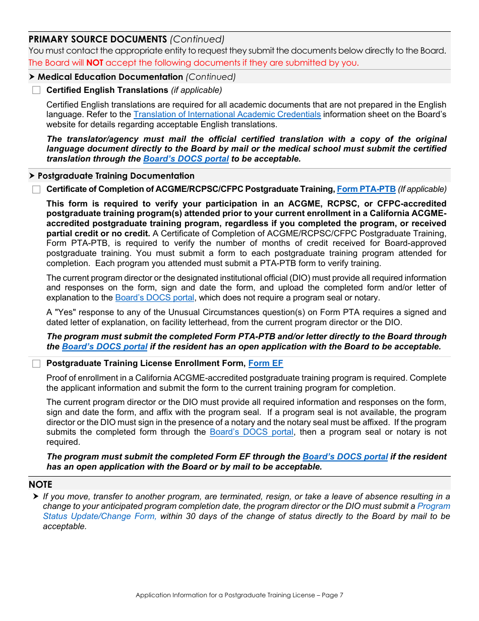 Application for a Postgraduate Training License Information  Checklist - California, Page 7