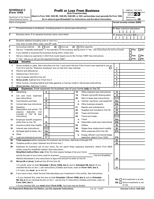 IRS Form 1040 Schedule C Profit or Loss From Business, 2023