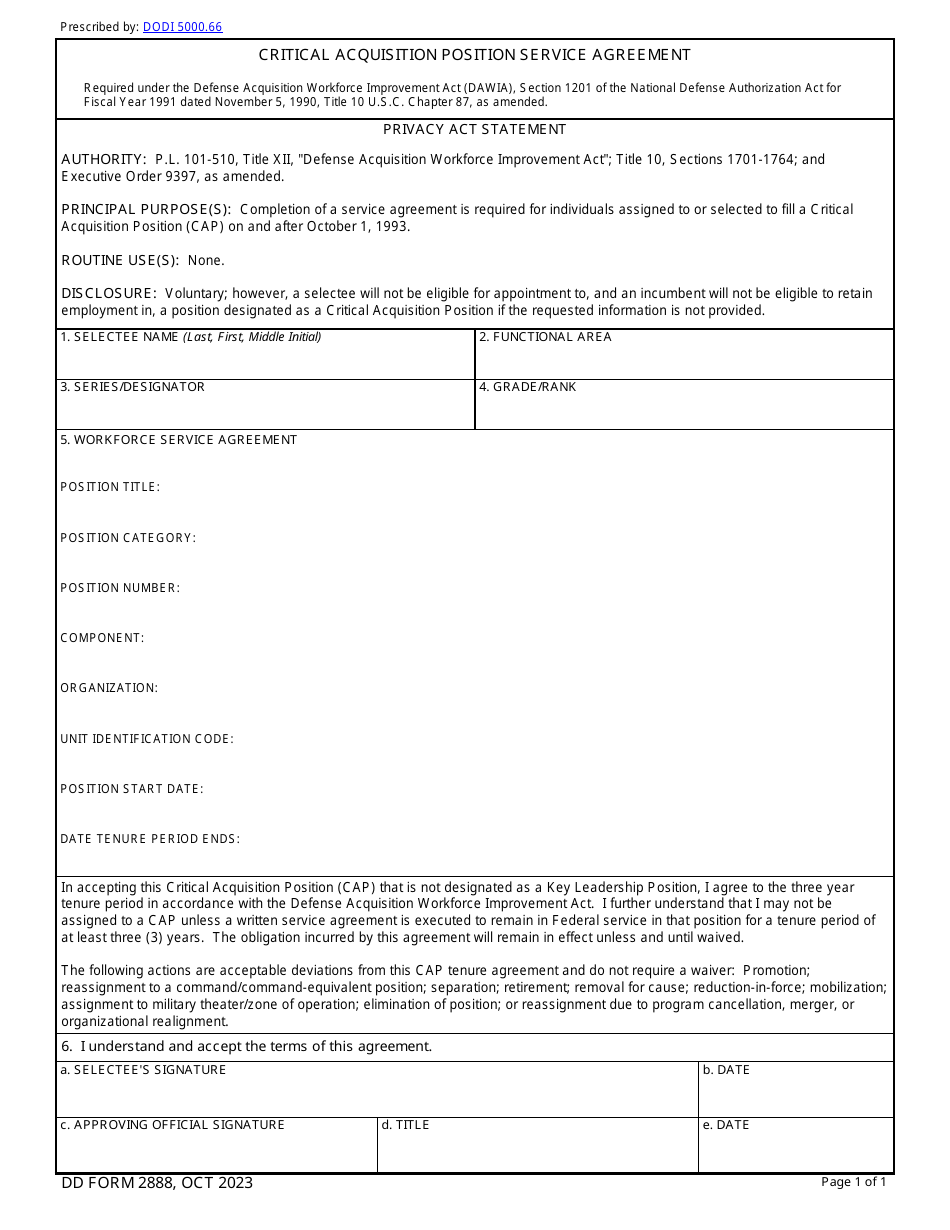 DD Form 2888 Critical Acquisition Position Service Agreement, Page 1