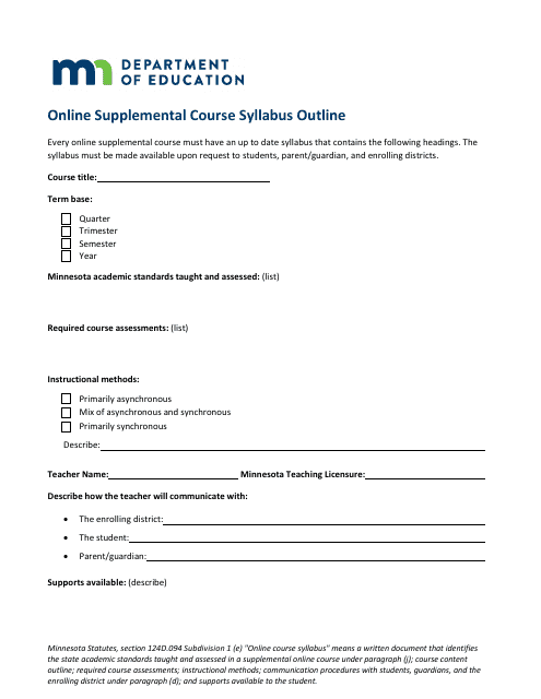 Online Supplemental Course Syllabus Outline - Minnesota
