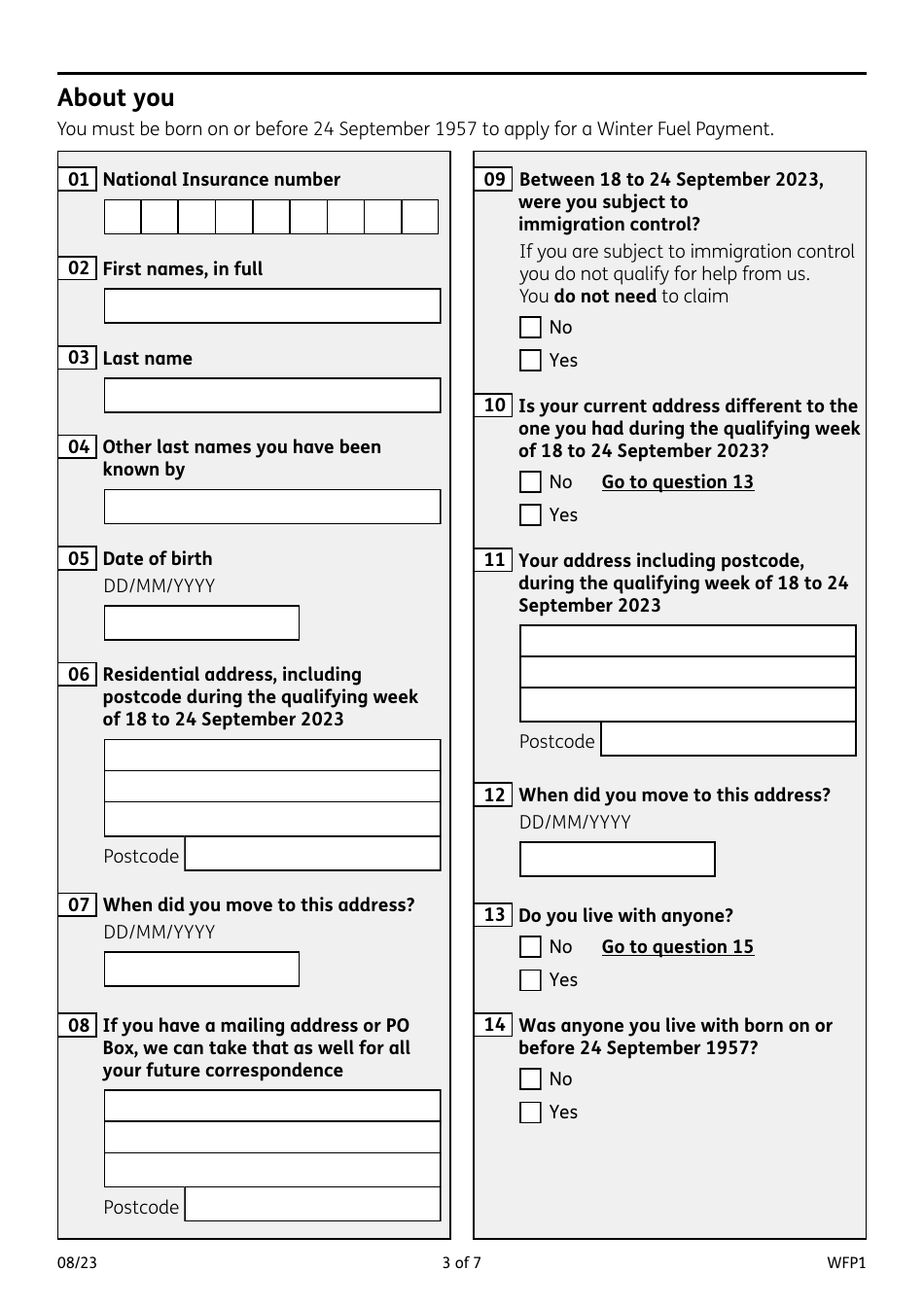 Form WFP1 Download Fillable PDF or Fill Online Winter Fuel Payment