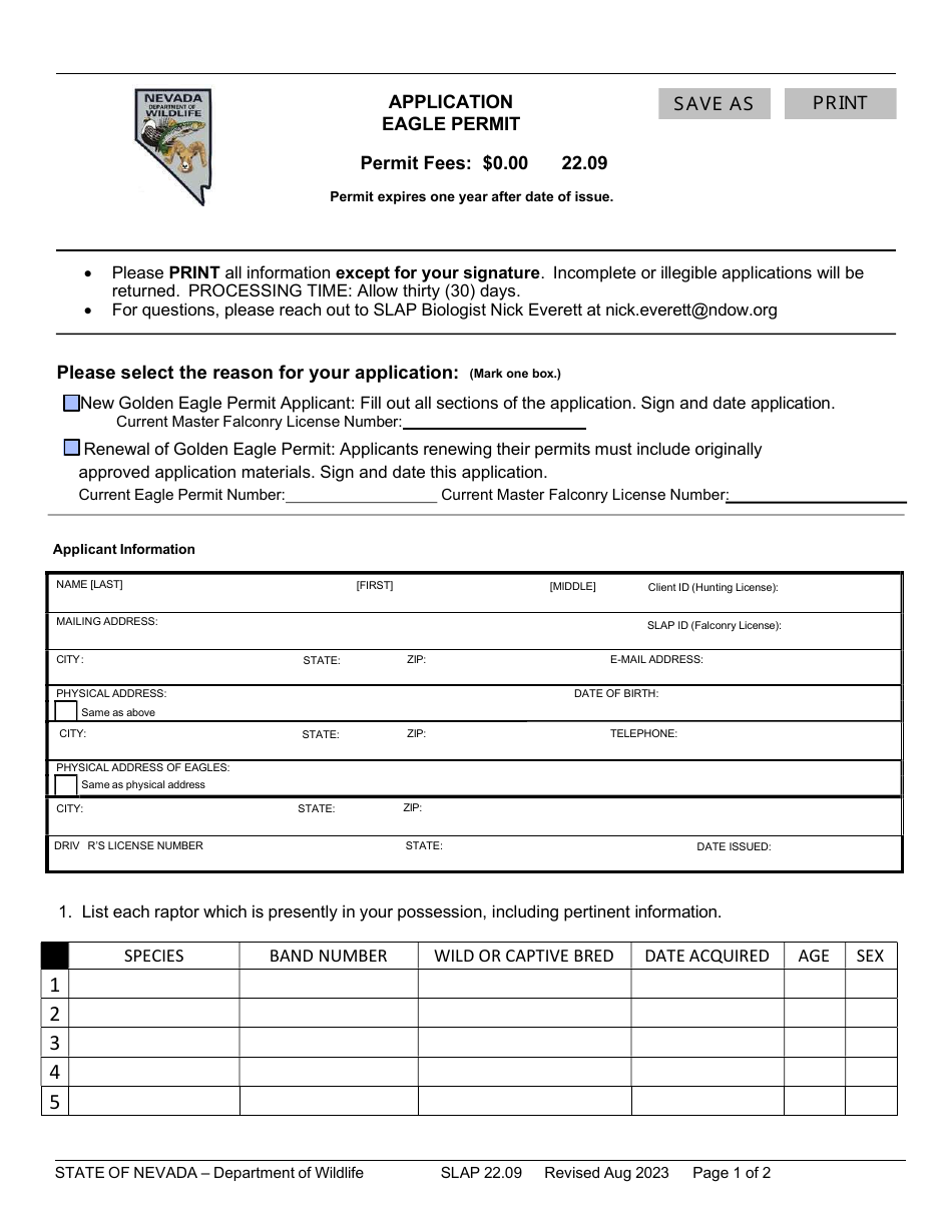 Form SLAP22.09 Eagle Permit Application - Nevada, Page 1