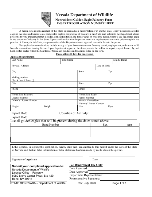 Nonresident Golden Eagle Falconry Form - Nevada Download Pdf