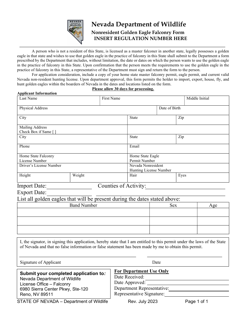 Nonresident Golden Eagle Falconry Form - Nevada, Page 1